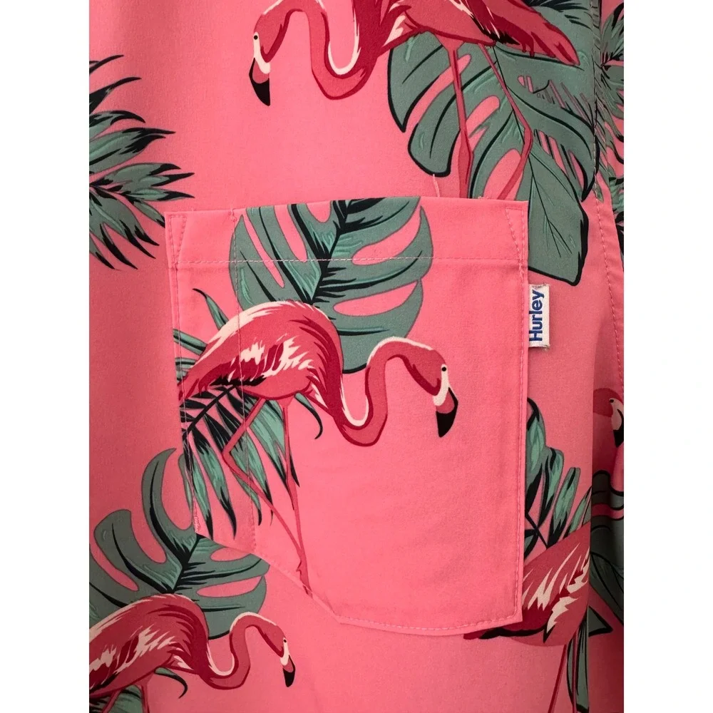 Hurley‎ Flamingo Tropical Button Up Shirt Men's XXL Pink Hawaiian Collar Beach